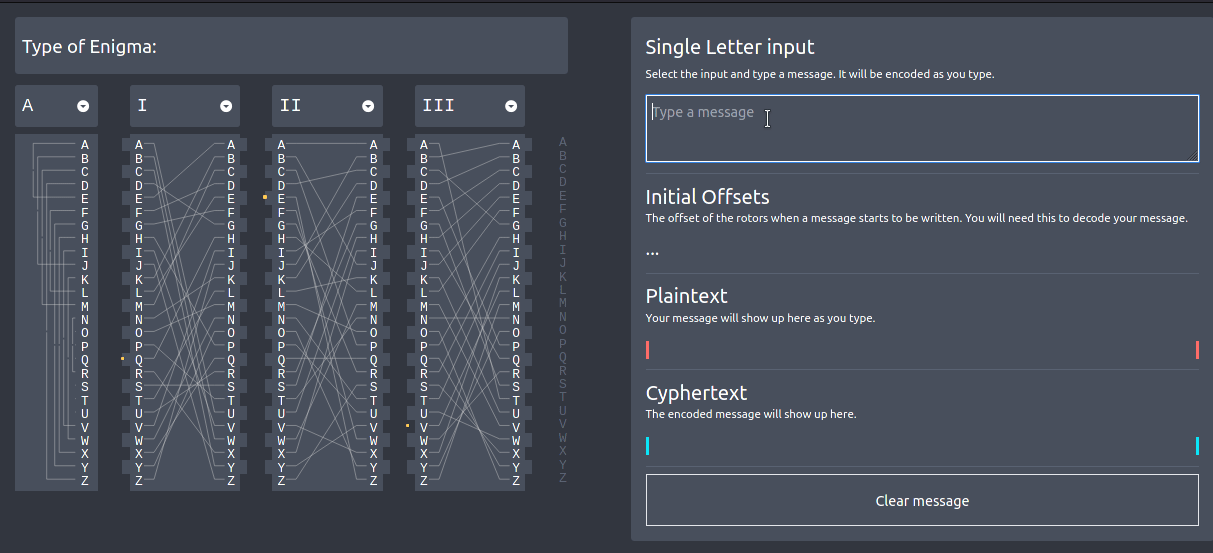 A gif showing a web app that demonstrates how the Enigma machine scrambled messages